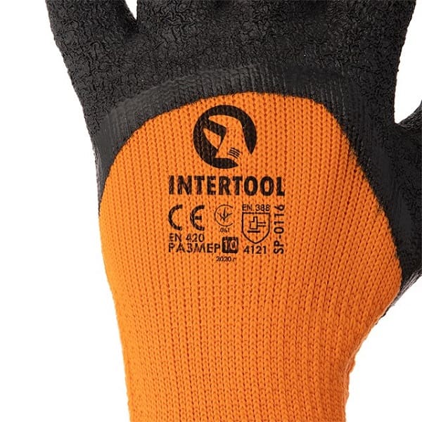 Перчатка оранжевая вязанная синтетическая, усиленная, покрытая черным вспененым латексом 10' INTERTOOL SP-0117