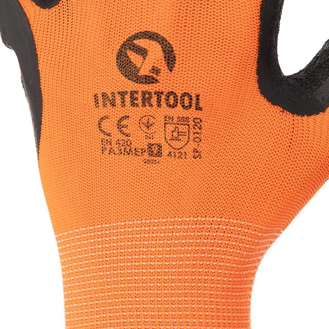 Перчатка оранжевая вязанная синтетическая, покрытая черным рифленым латексом на ладони 11' INTERTOOL SP-0120