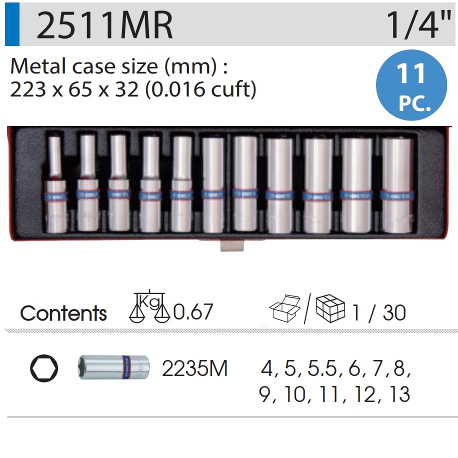 Набор головок 1/4' удлин. 11ед 4-13мм KINGTONY 2511MR