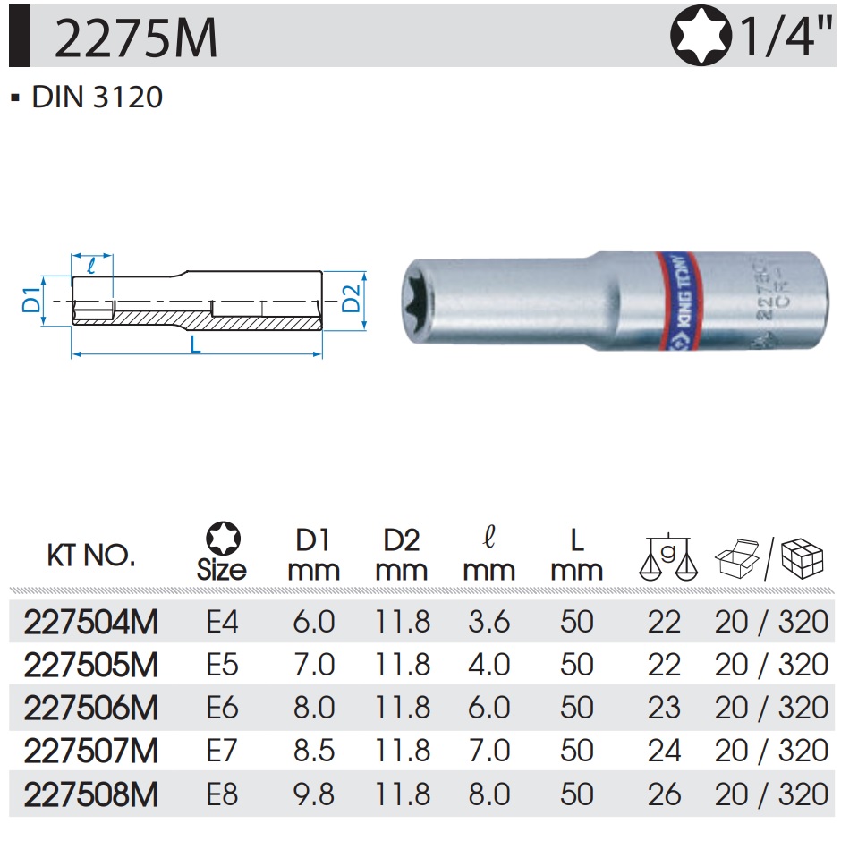 Головка торцевая TORX Е-стандарт 1/4' E4 L = 50 мм KINGTONY 227504M