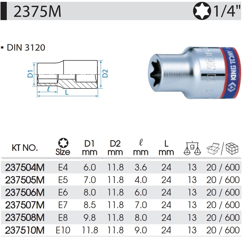 Головка торцевая TORX Е-стандарт 1/4' E5 L 24мм KINGTONY 237505M