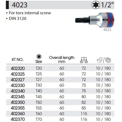 Насадка (бита) торцевая 1/2' TORX T40 L 60 мм KINGTONY 402340