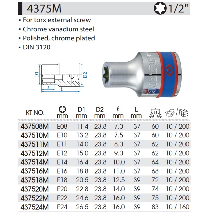 Головка торцевая TORX Е-стандарт 1/2', E24, L = 39 мм KINGTONY 437524M