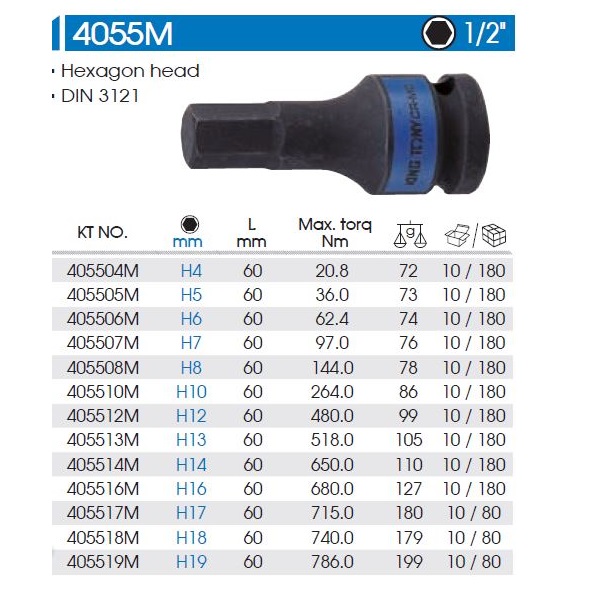 Шестигранник ударный в головке 1/2' 60mm DR*7mm KINGTONY