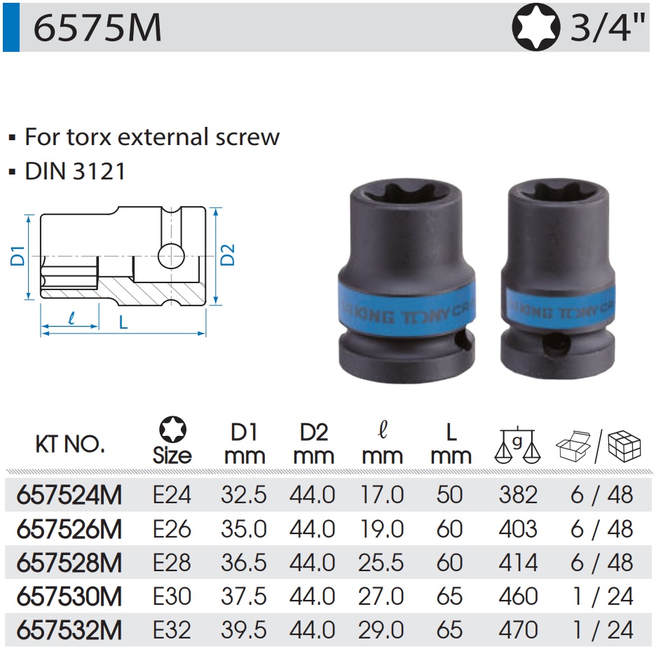 Головка торцевая ударная TORX Е-стандарт 3/4', E24, L = 56 мм KINGTONY