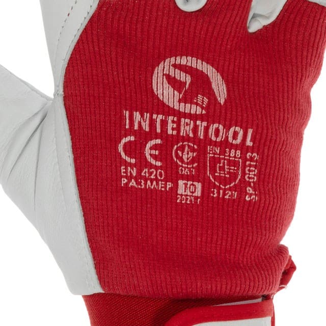 Перчатка кожаная комбинированная из высококачественной кожи и ткани с подкладкой 10' эластичный манжет на липучке INTERTOOL SP-0013