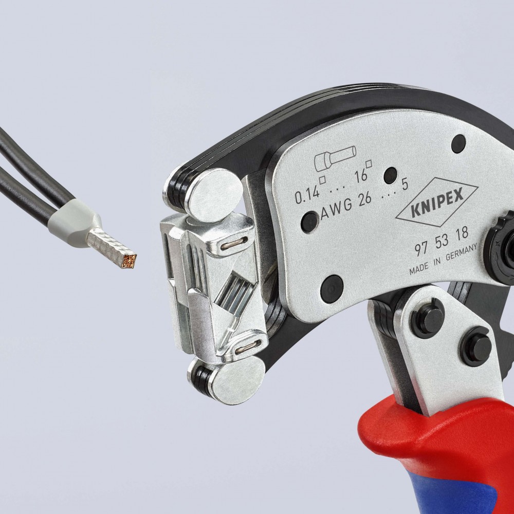 Инструмент для обжима контактных гильз с поворотной головкой, с автонастройкой, KNIPEX 97 53 18 (до 16мм2)