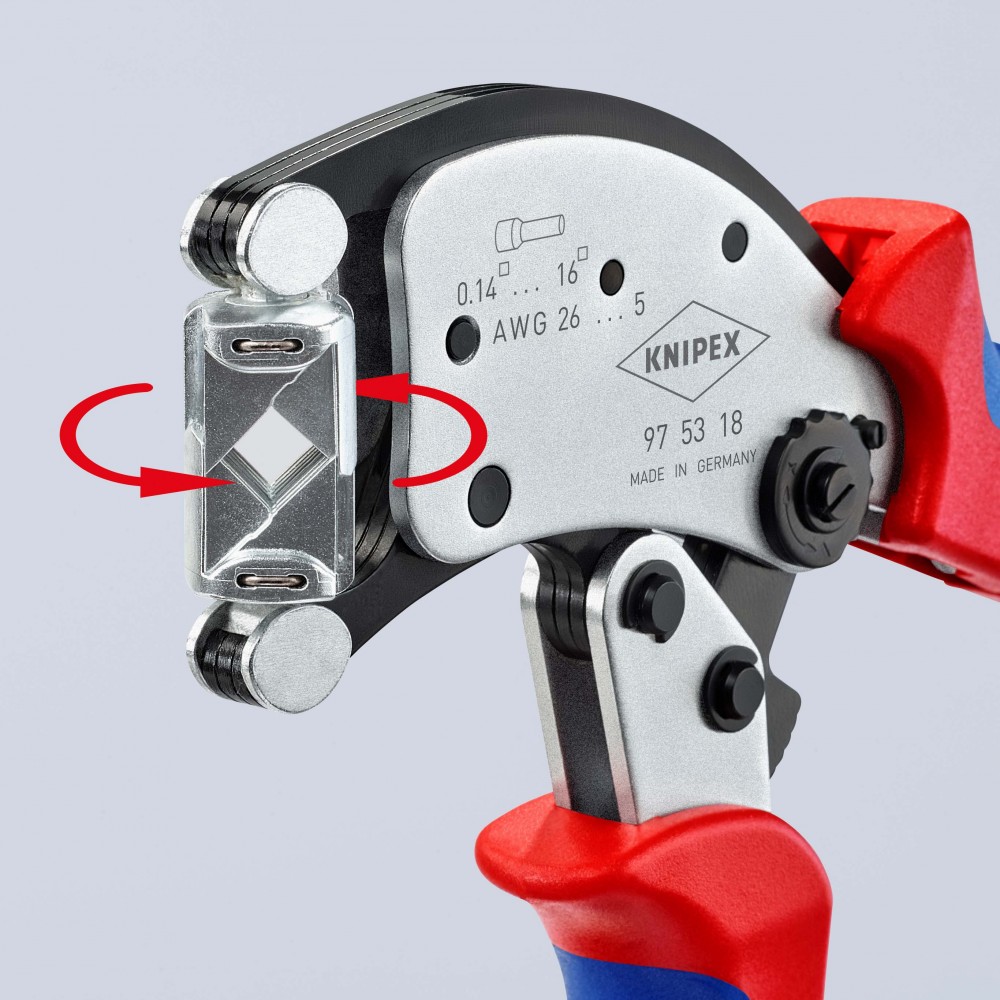 Инструмент для обжима контактных гильз с поворотной головкой, с автонастройкой, KNIPEX 97 53 18 (до 16мм2)